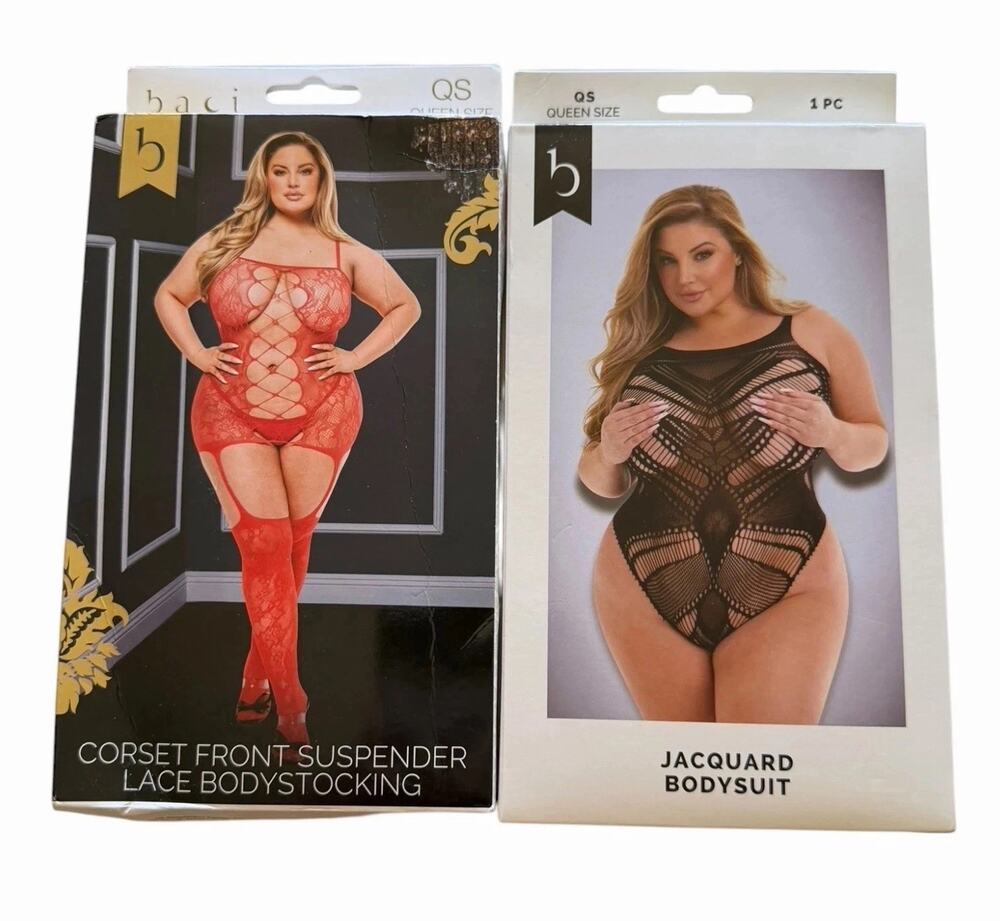 Baci Queen Size Lingerie Bundle 2PC Bodystocking Bodysuit Jacquard Corset Front